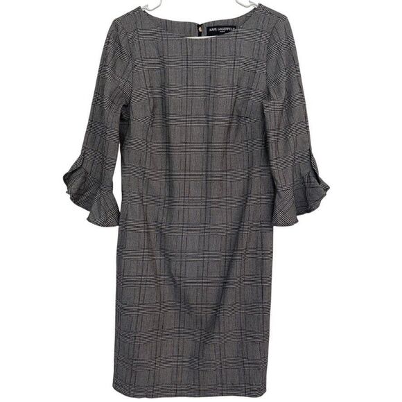Karl Lagerfeld Dresses & Skirts - Karl Lagerfeld Sz 8 Plaid Ponte Knit Bell Ruffle Sleeve Sheath Dress Black White